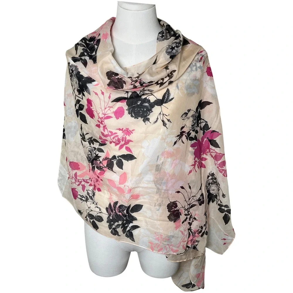 Talbots Floral Flocked Cotton Silk Wrap Scarf One Size